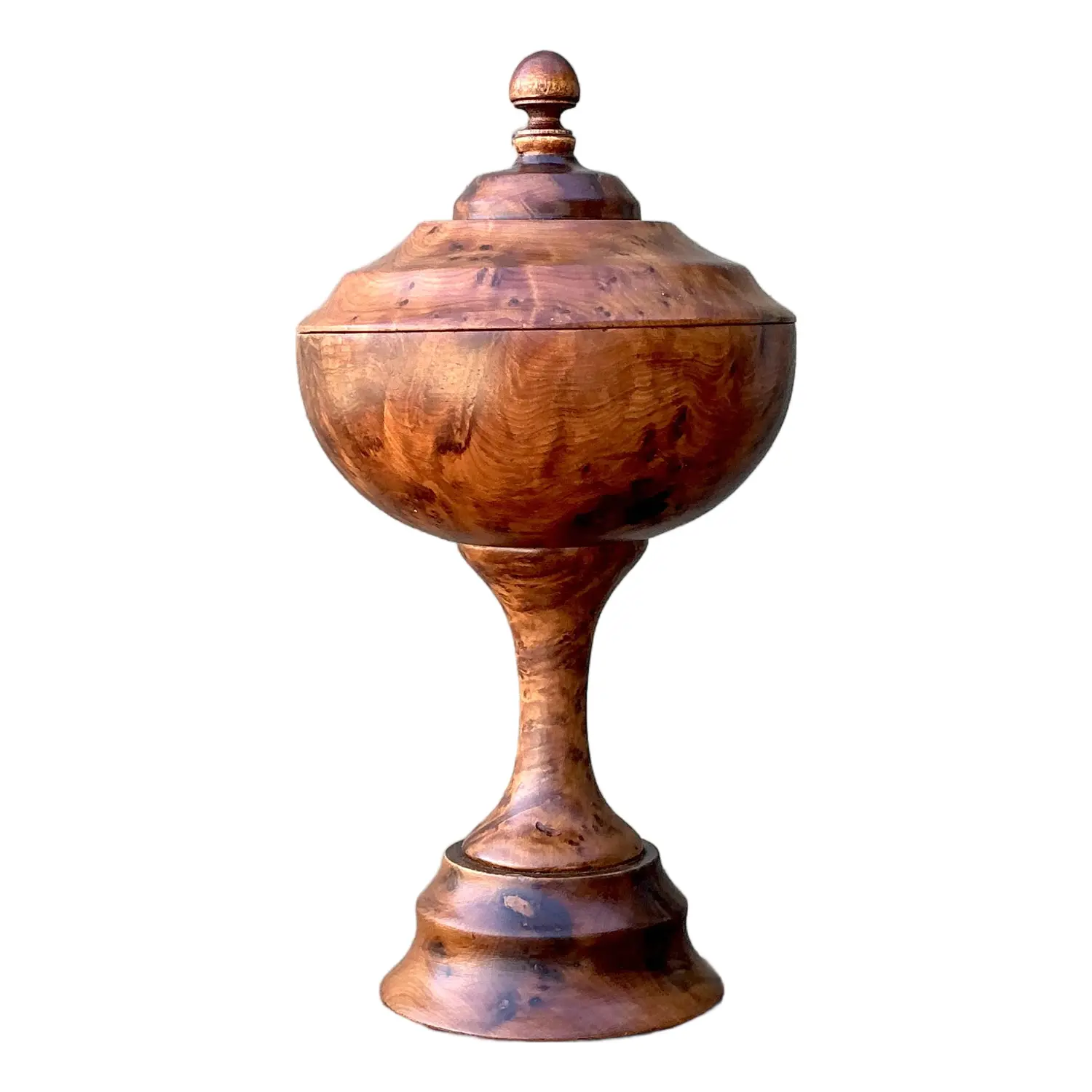 Vintage Turned Burl Wood Lidded Bowl on Pedestal
