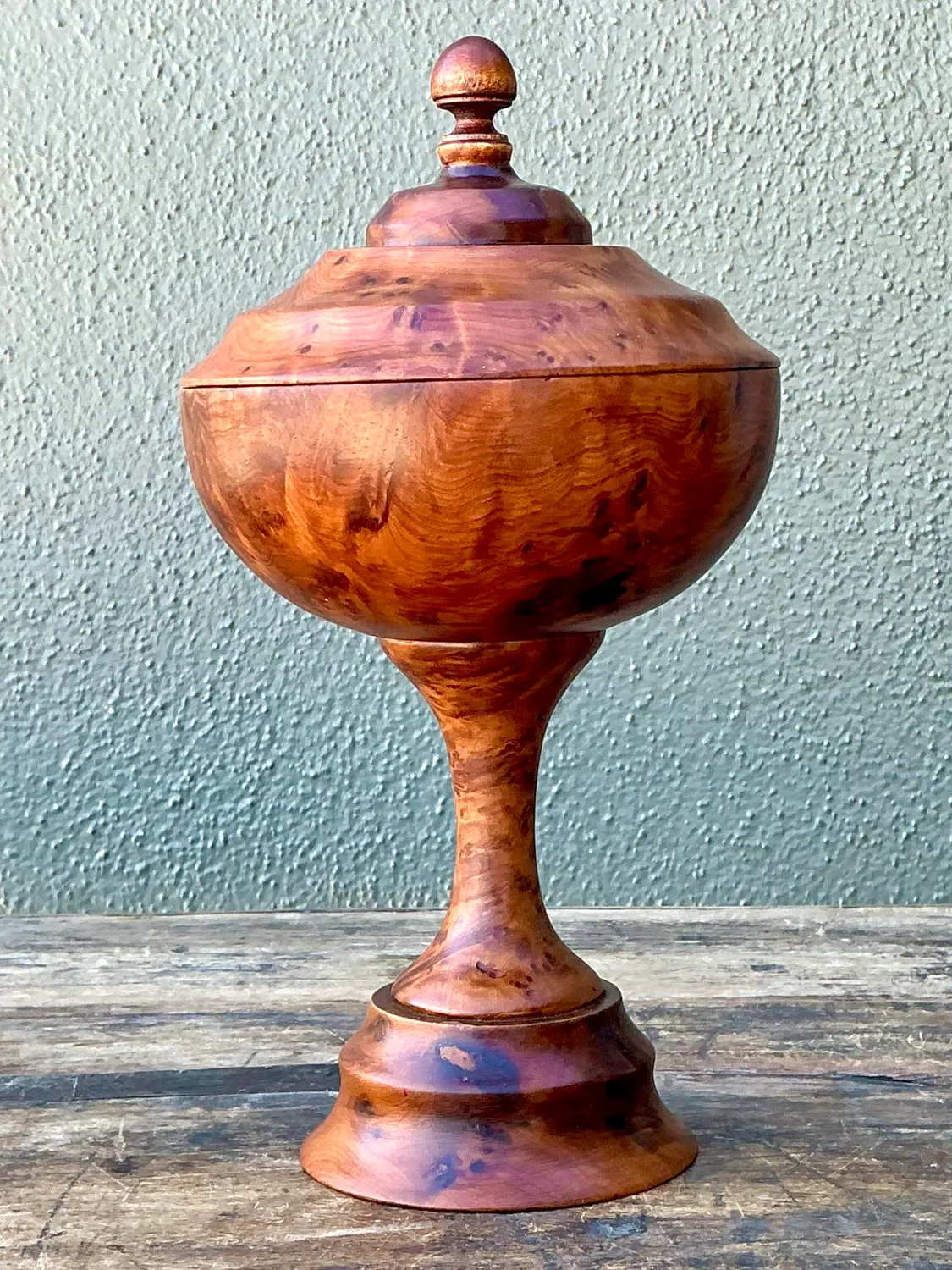Vintage Turned Burl Wood Lidded Bowl on Pedestal - Detail view