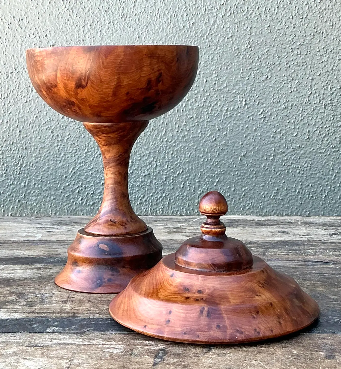Vintage Turned Burl Wood Lidded Bowl on Pedestal - Side view