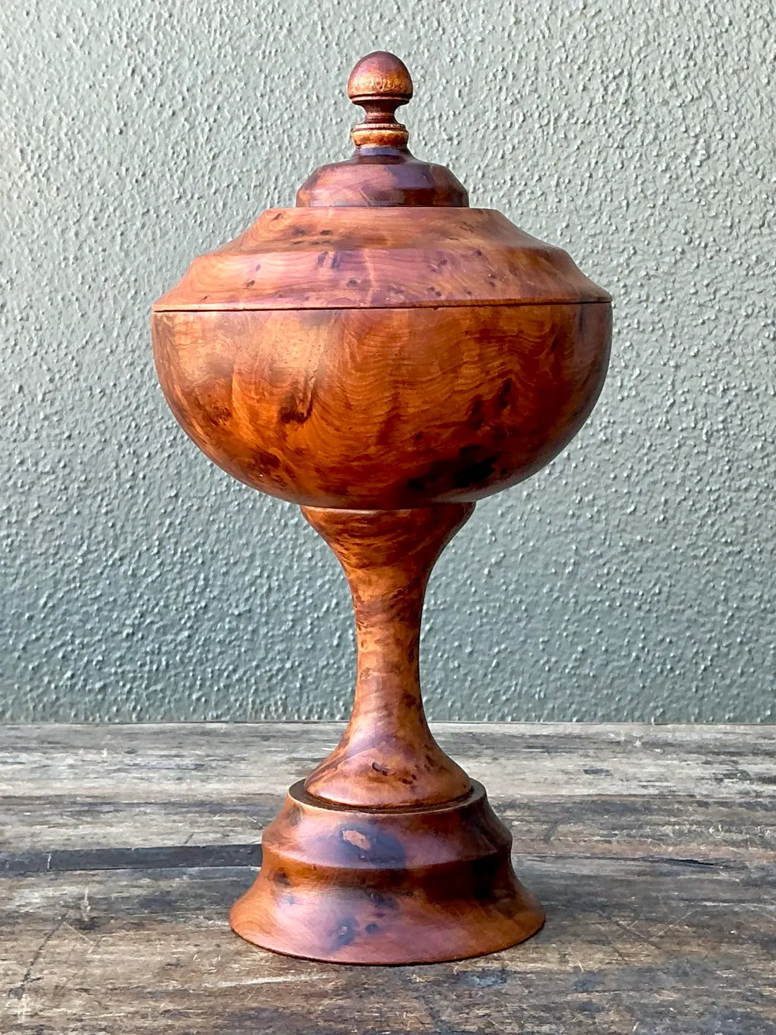 Vintage Turned Burl Wood Lidded Bowl on Pedestal - Back view