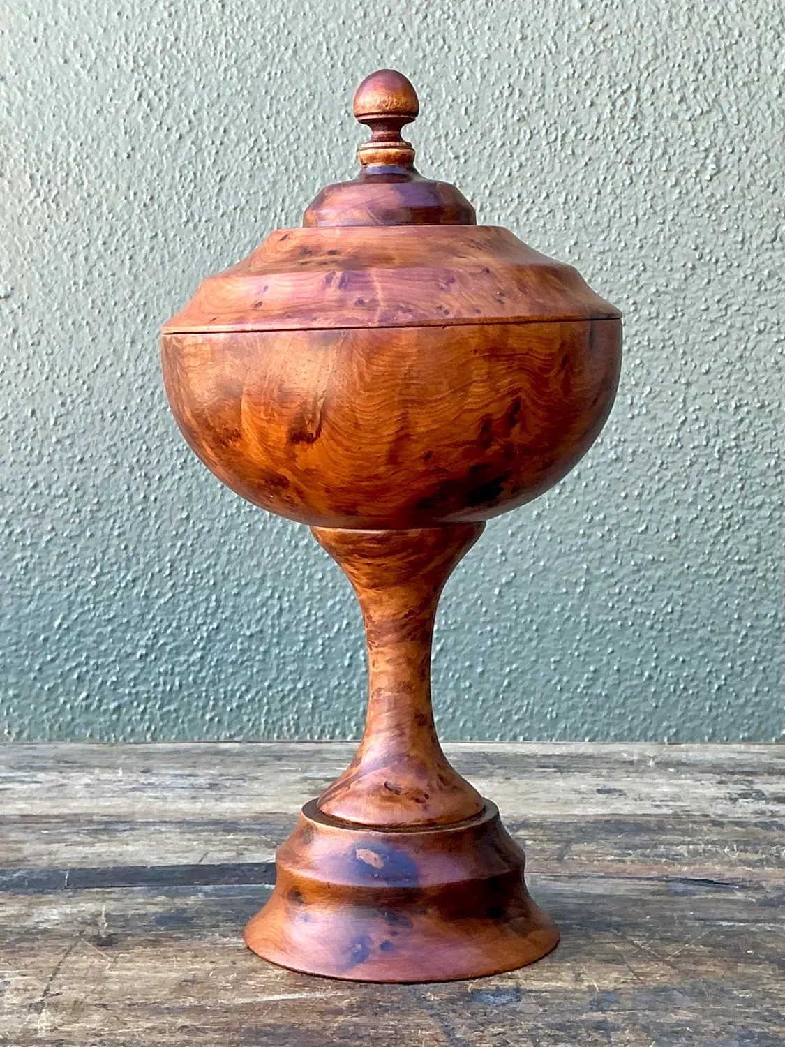 Vintage Turned Burl Wood Lidded Bowl on Pedestal - Top view