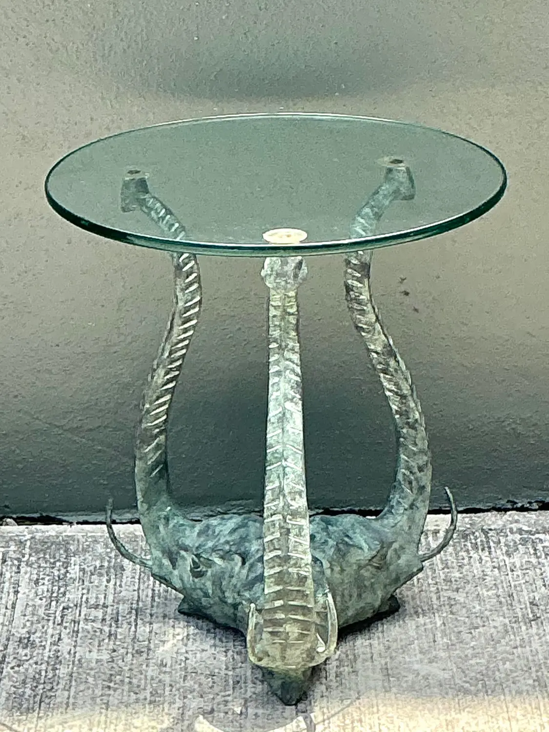 Vintage Verdigris Elephants Side Table - Back view