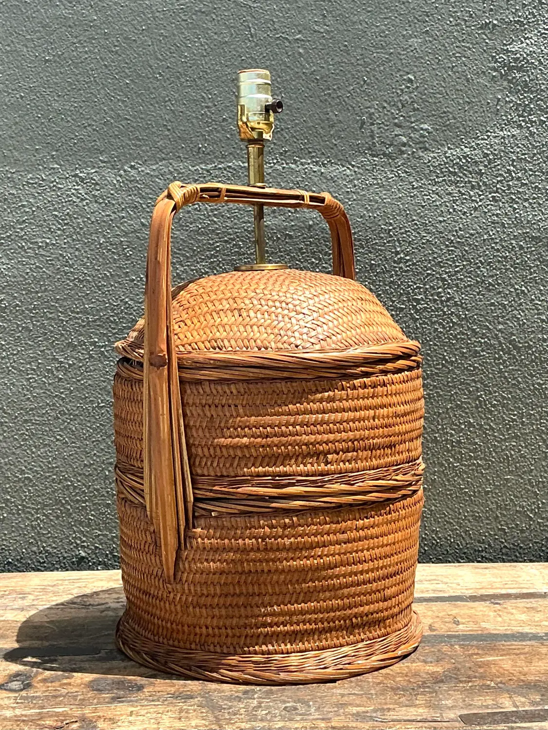 Vintage Woven Rattan Basket Lamp - Side view