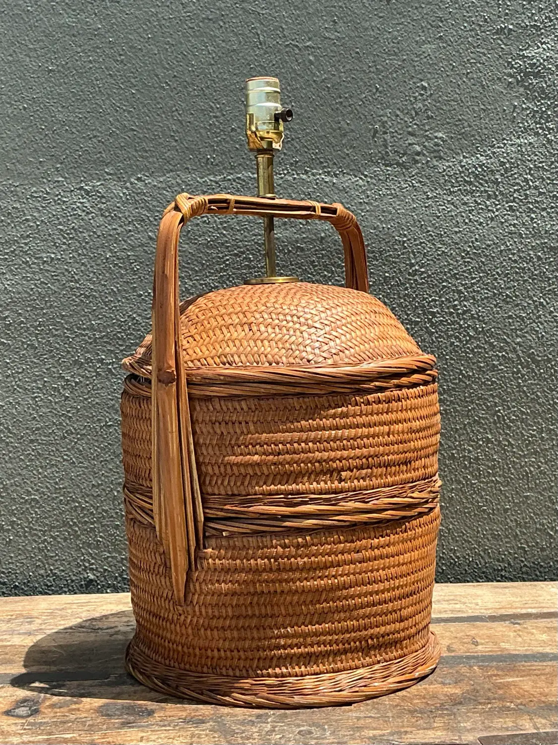 Vintage Woven Rattan Basket Lamp - Top view
