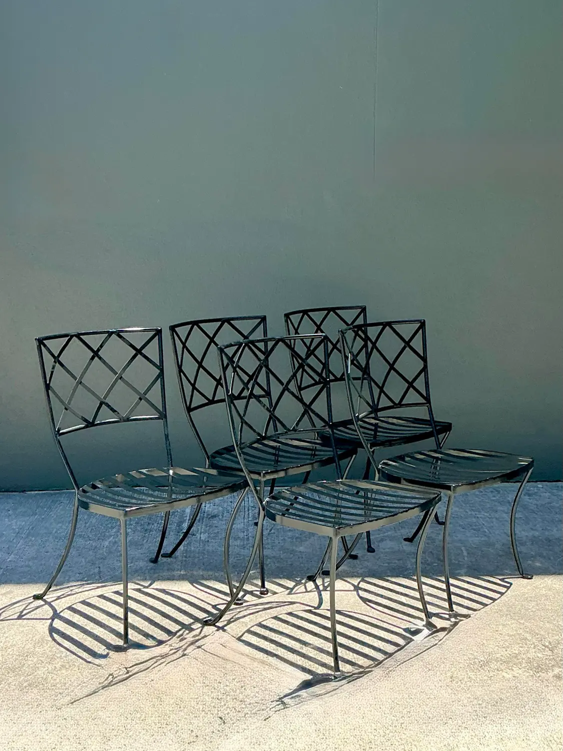 Vintage Wrought Iron Trellis Dining Chairs - Set of 5 - Side view