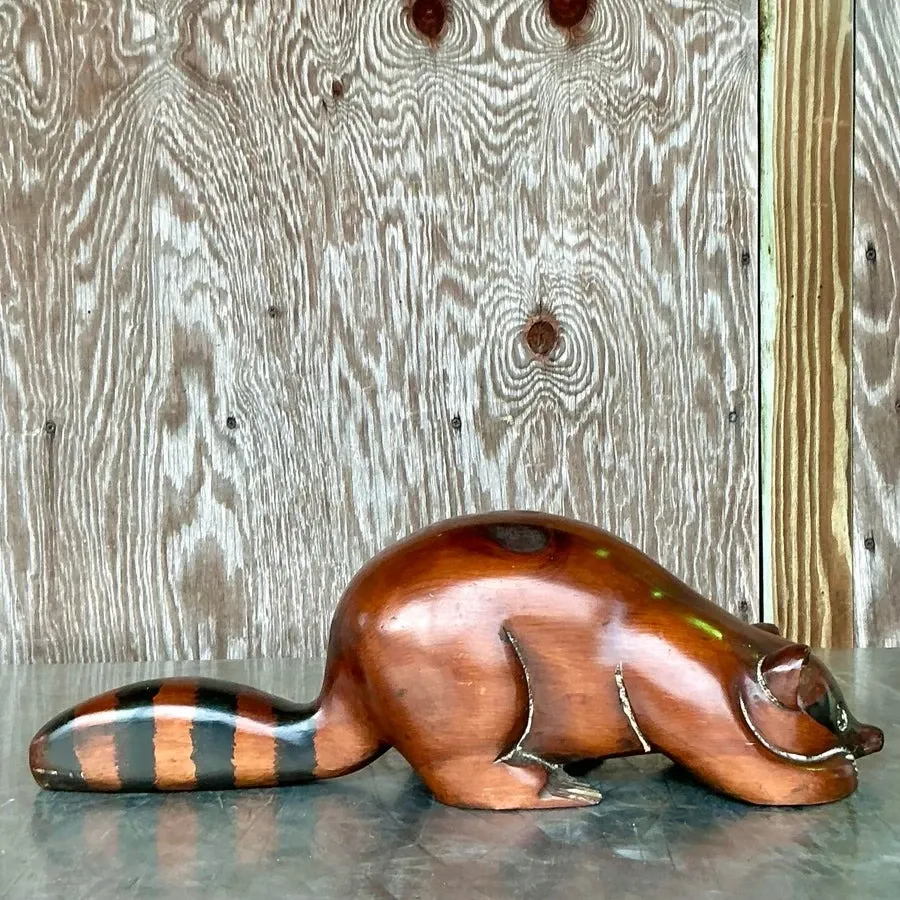 Vintage Boho Carved Wood Raccoon - Back view