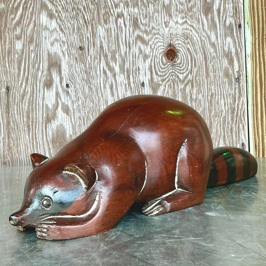 Vintage Boho Carved Wood Raccoon - Side view