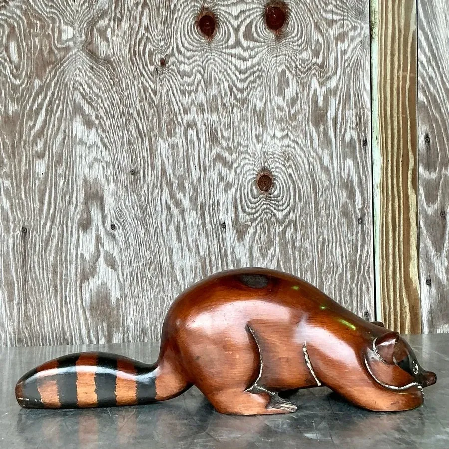 Vintage Boho Carved Wood Raccoon - Top view
