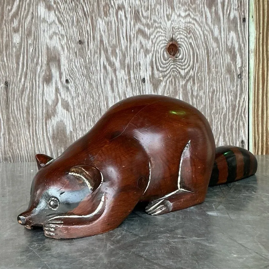 Vintage Boho Carved Wood Raccoon - Detail view
