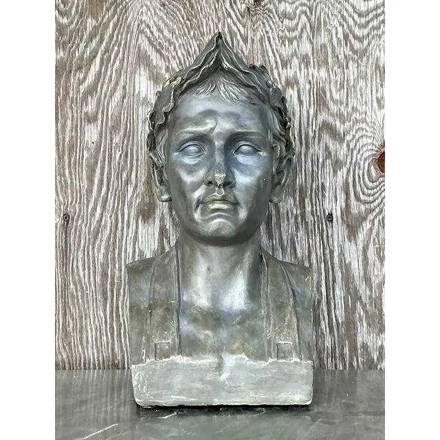 Vintage Boho Plaster Bust of Man - Synthetic, 9.75W x 18H - Detail view