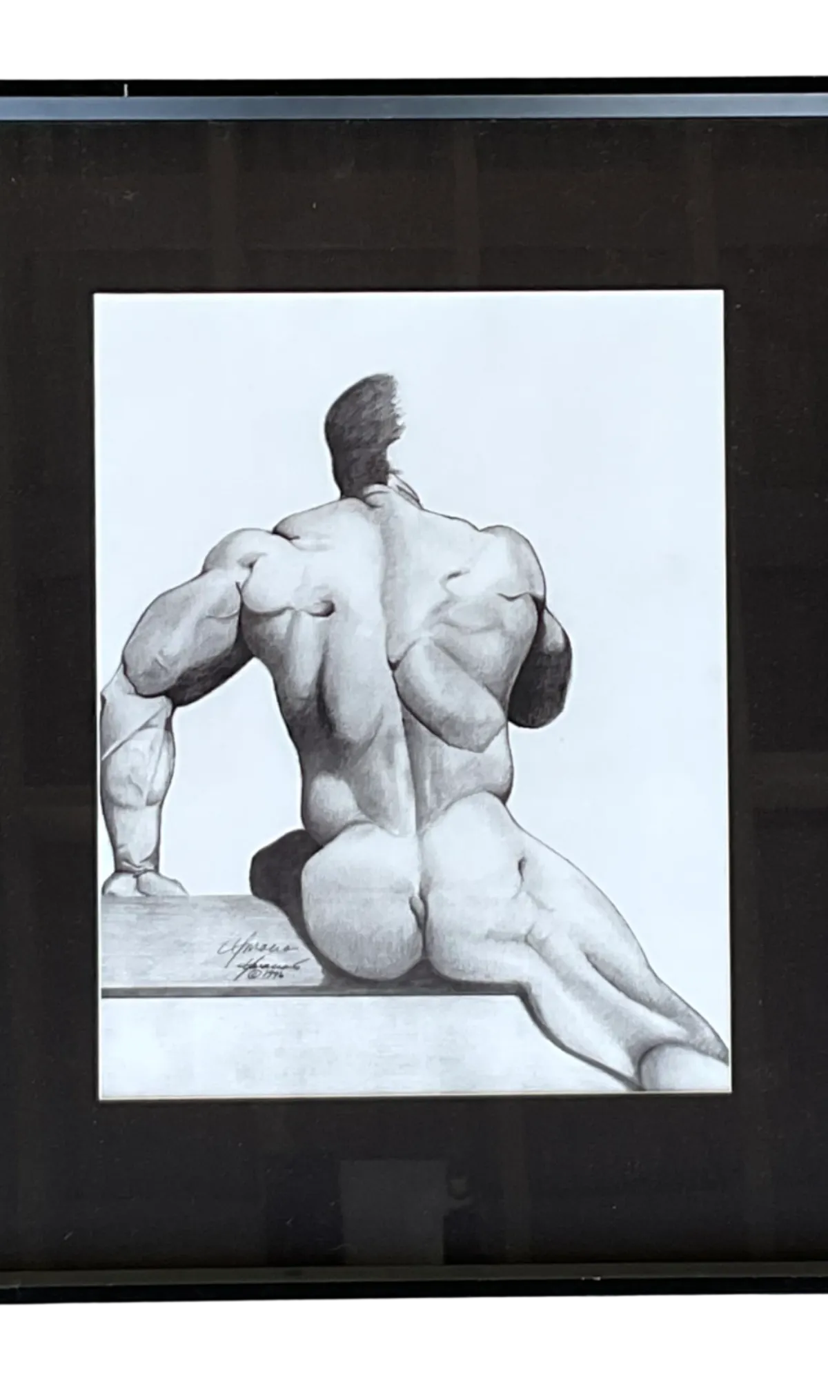 Vintage Male Nude Drawing on Paper - Detail view