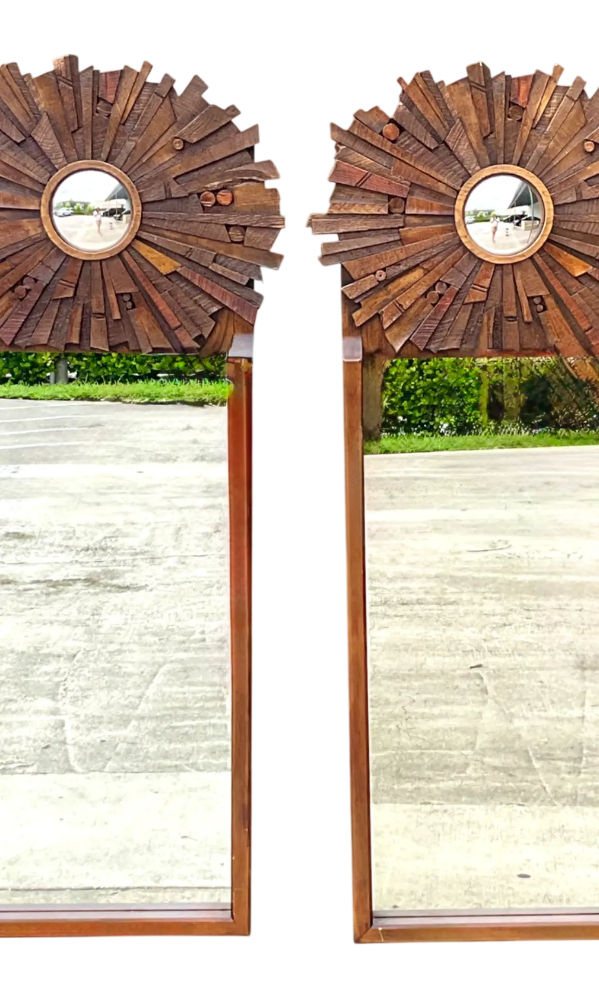 Vintage Brutalist Wood Sunburst Mirrors - A Pair - Detail view
