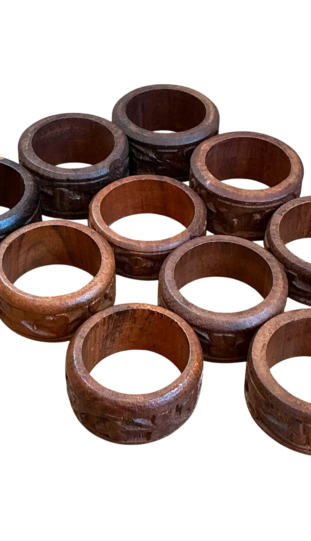 Vintage Carved Wood Napkin Rings - Set of 10 - Detail view