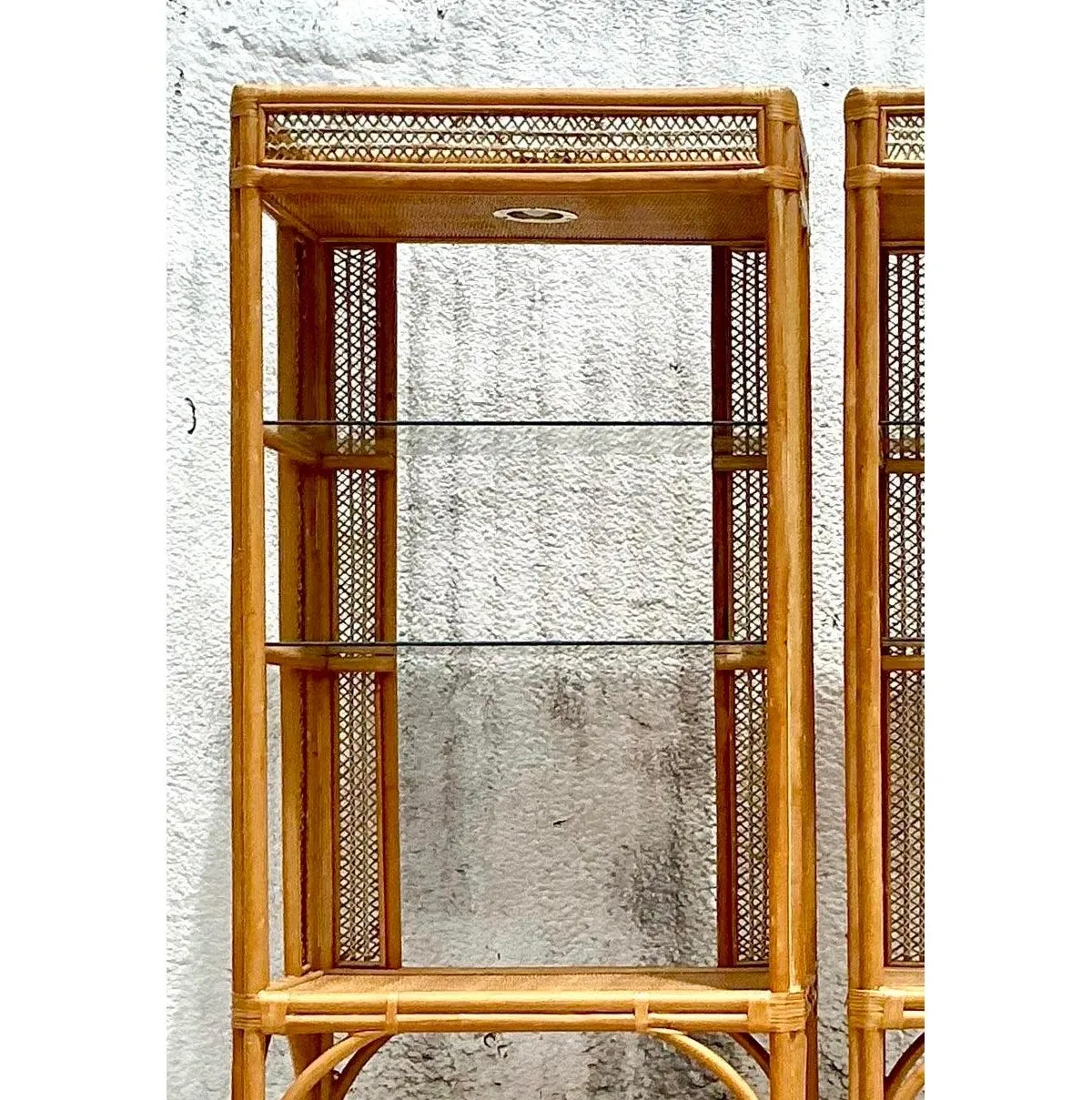 Vintage Coastal Woven Rattan Etagere - A Pair - Side view