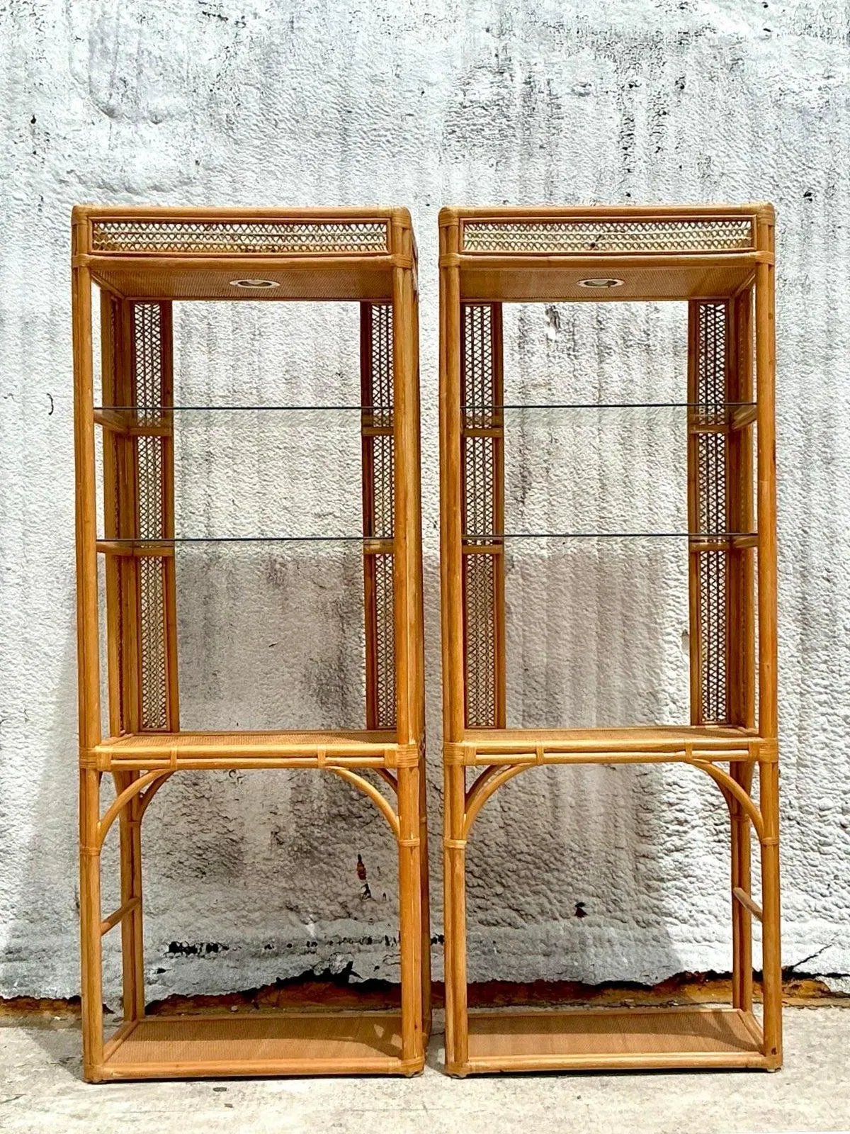 Vintage Coastal Woven Rattan Etagere - A Pair