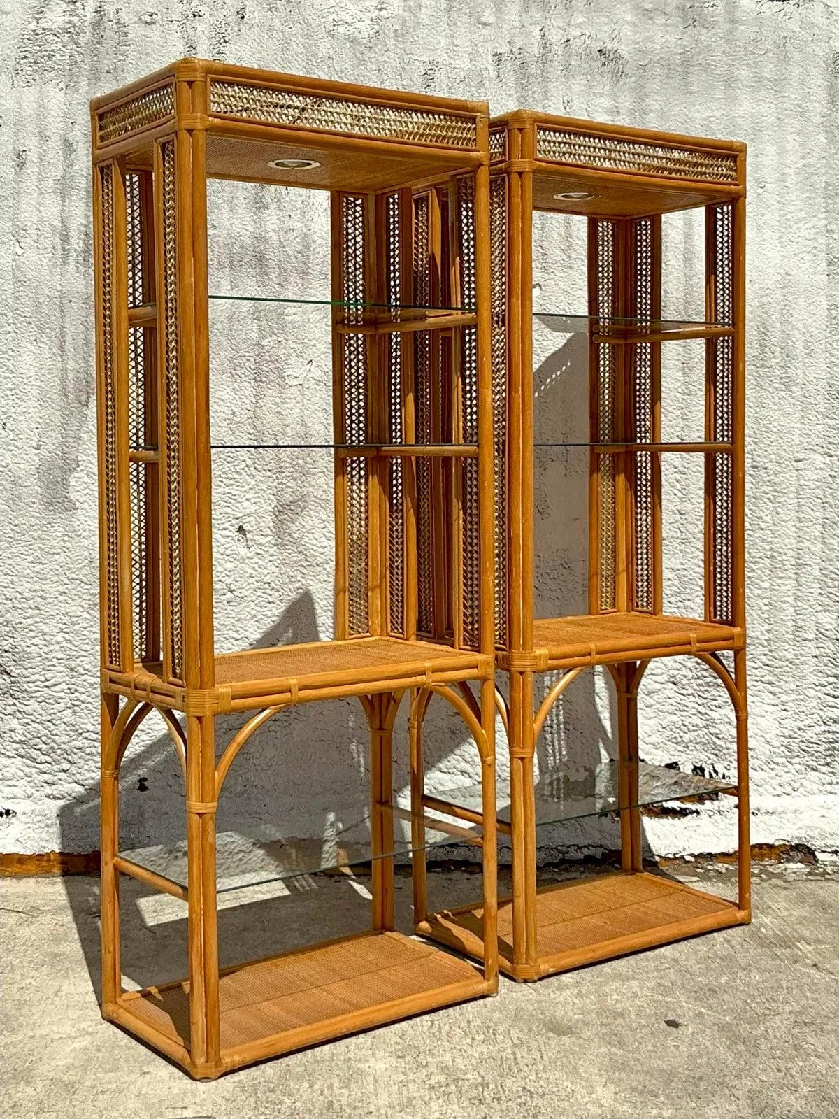 Vintage Coastal Woven Rattan Etagere - A Pair - Top view