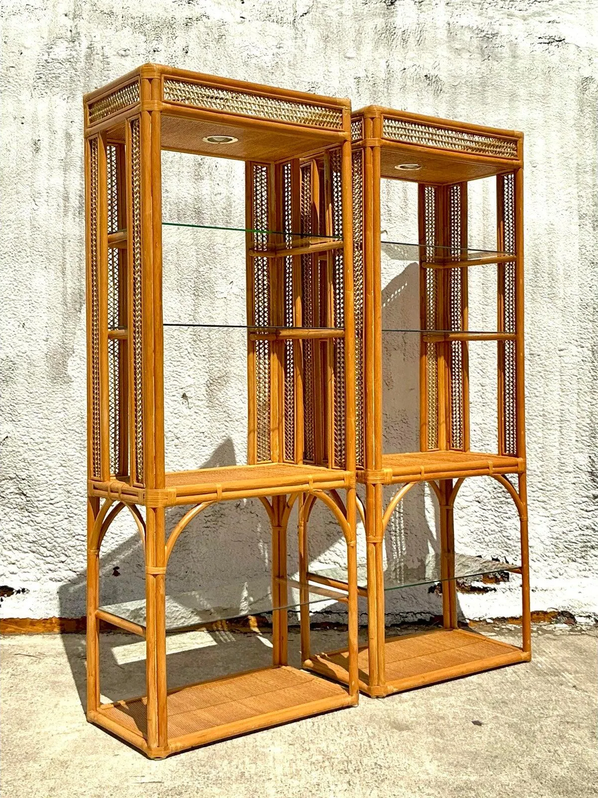 Vintage Coastal Woven Rattan Etagere - A Pair - Angle view