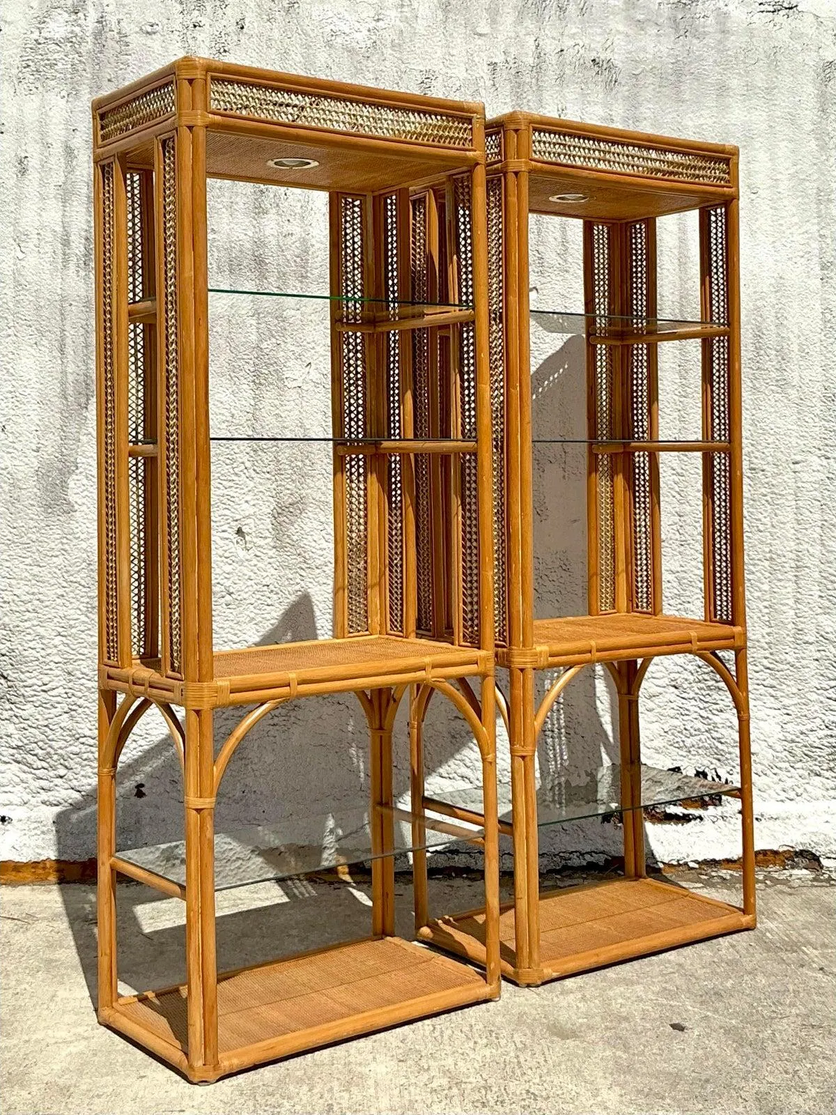Vintage Coastal Woven Rattan Etagere - A Pair - Close-up view