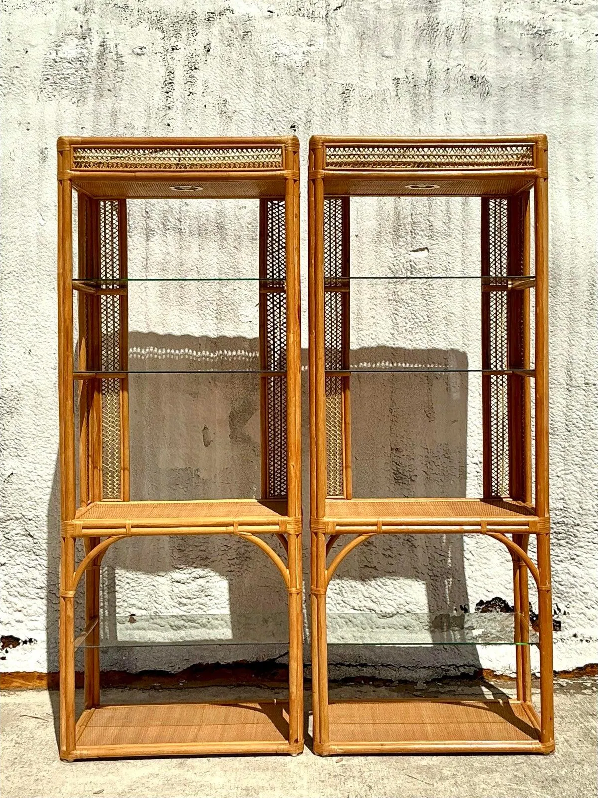 Vintage Coastal Woven Rattan Etagere - A Pair - Interior view