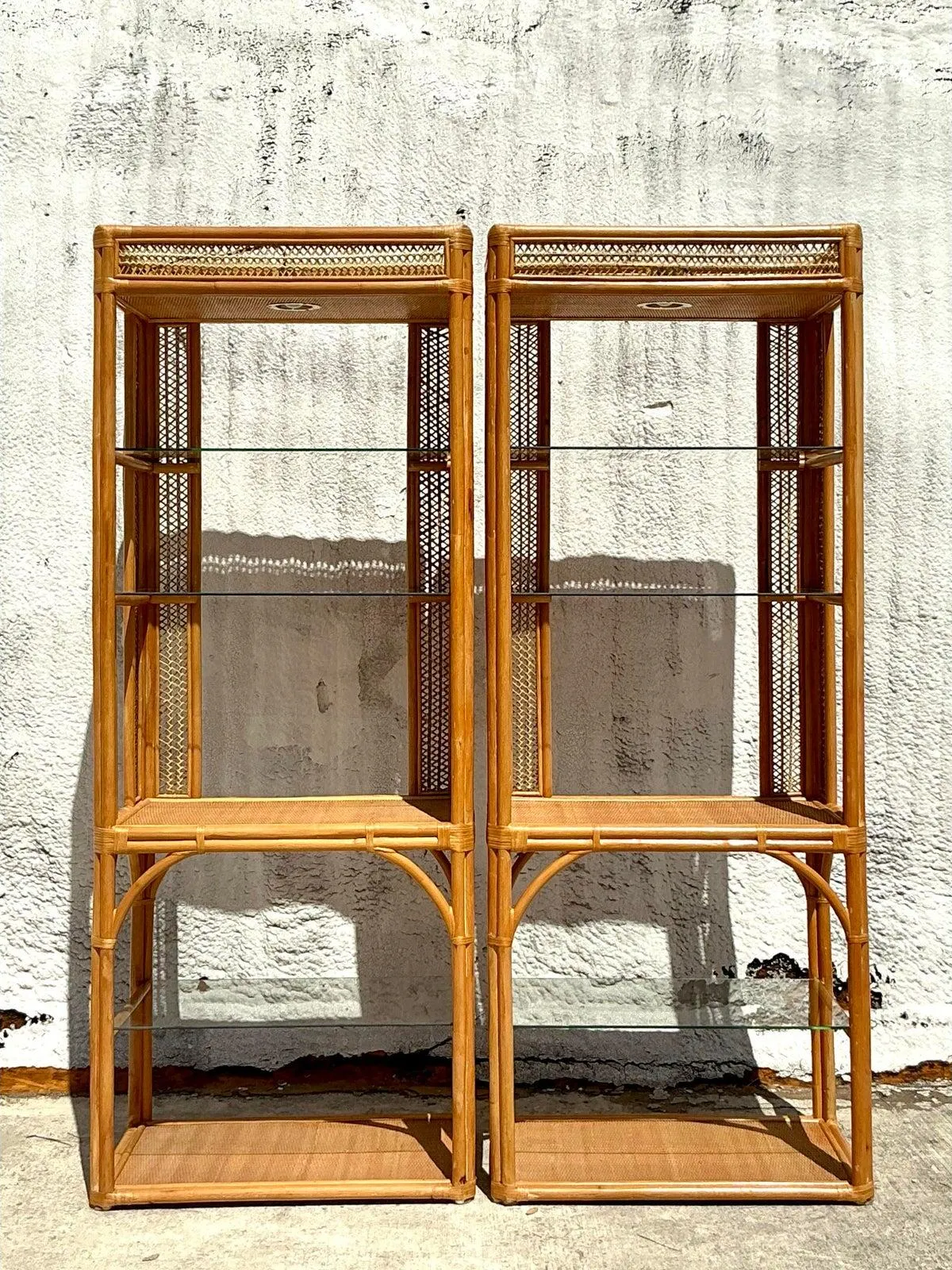 Vintage Coastal Woven Rattan Etagere - A Pair - Bottom view