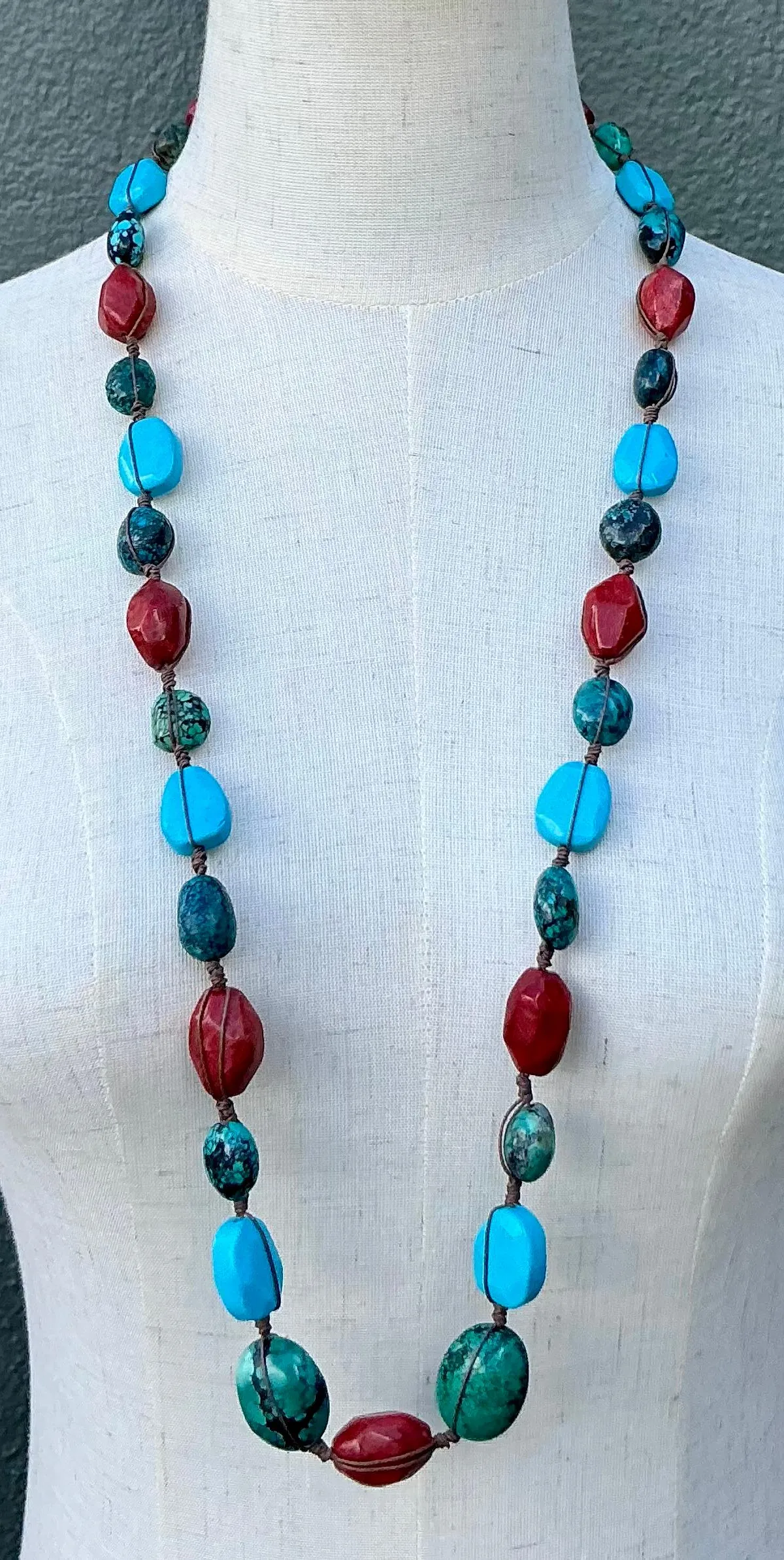 Vintage Turquoise & Coral Bead Necklace - Side view