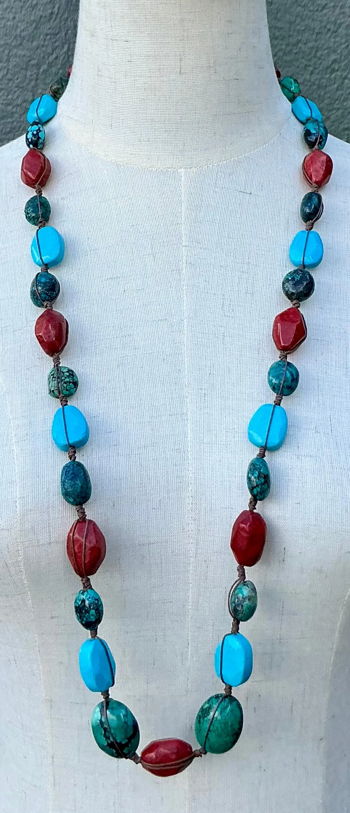 Vintage Turquoise & Coral Bead Necklace - Angle view