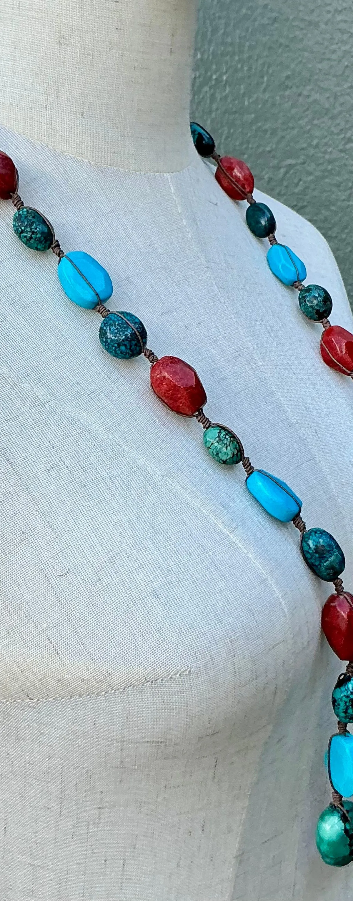 Vintage Turquoise & Coral Bead Necklace - Close-up view