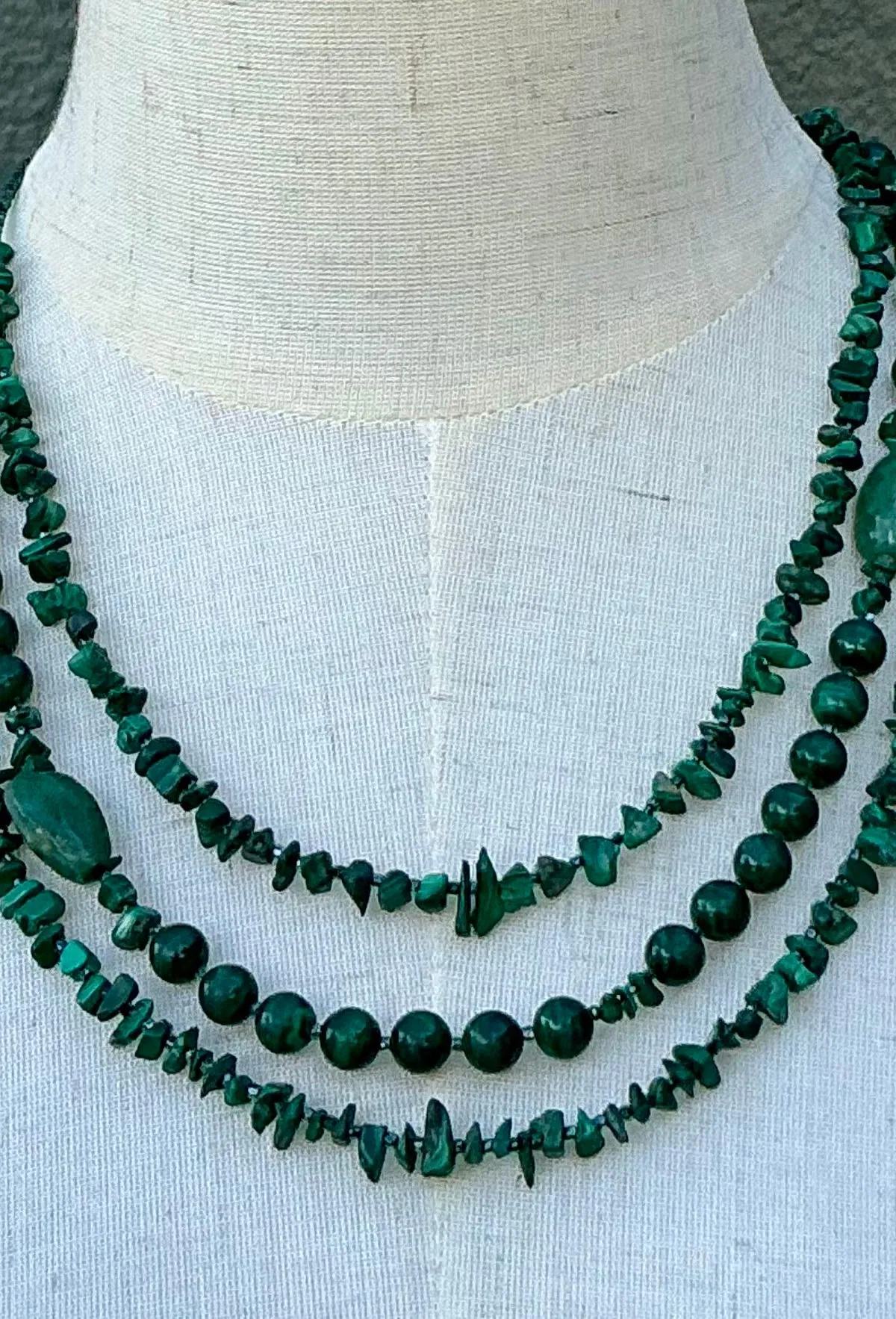 Vintage Boho Malachite Three-Stranded Necklace - Side view