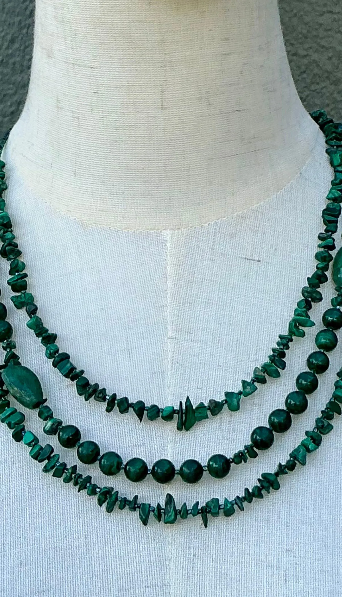 Vintage Boho Malachite Three-Stranded Necklace - Back view