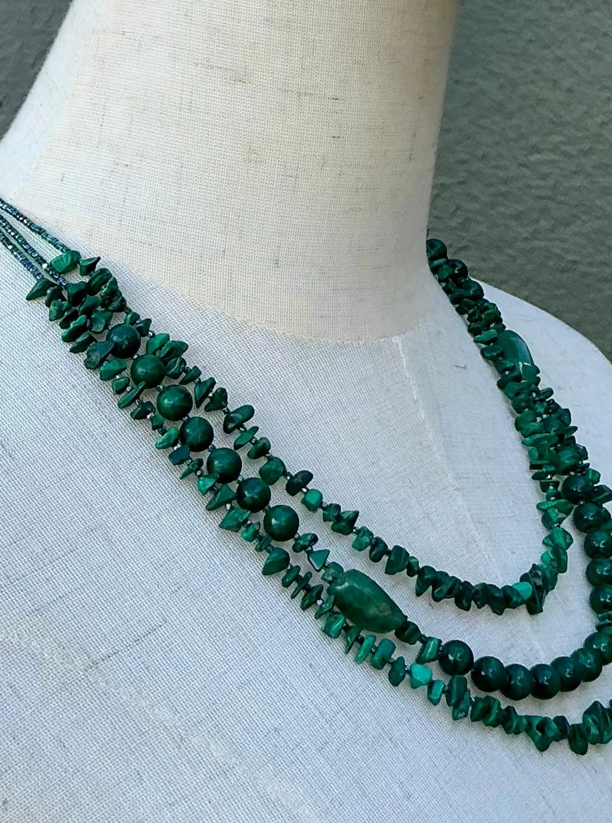 Vintage Boho Malachite Three-Stranded Necklace - Close-up view