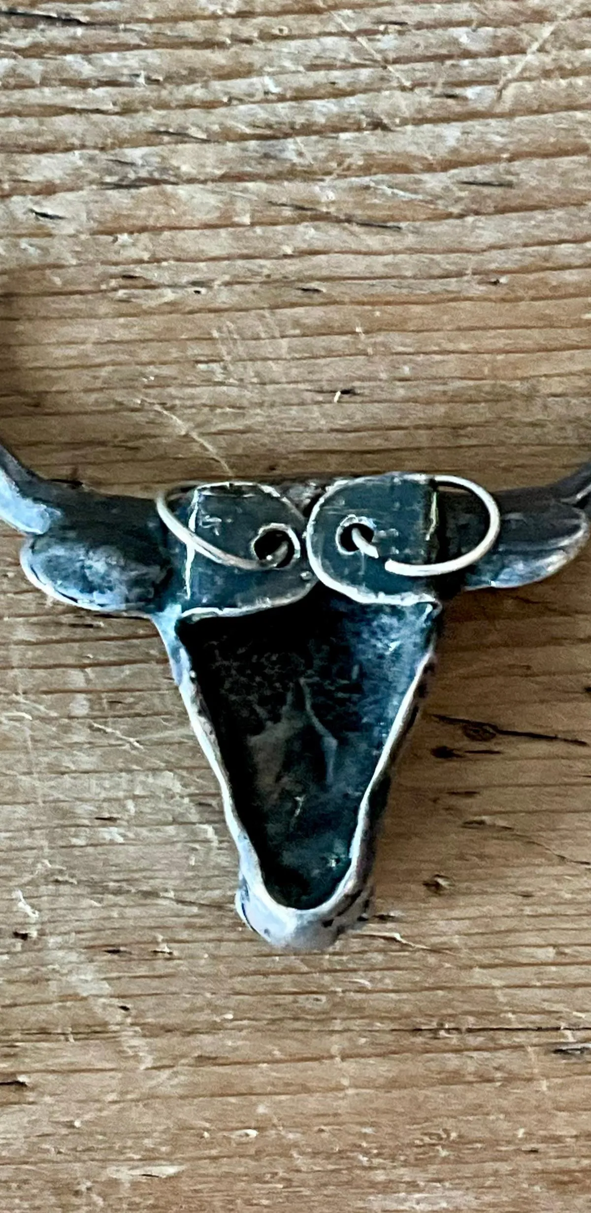 Vintage Antiqued Silver Steer Head Pendant - Close-up view