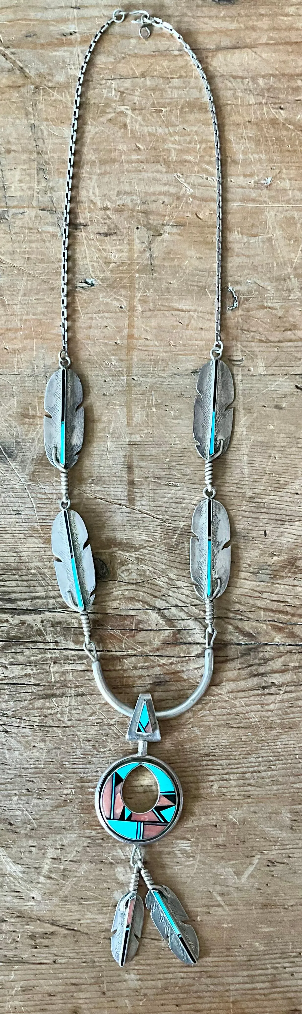 Vintage Turquoise Native American 925 Silver Pendant Necklace - Side view