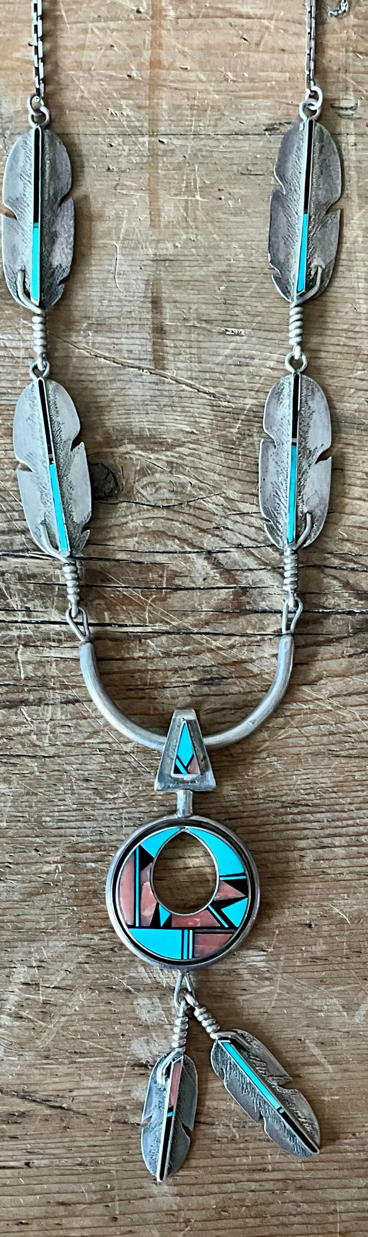 Vintage Turquoise Native American 925 Silver Pendant Necklace - Top view