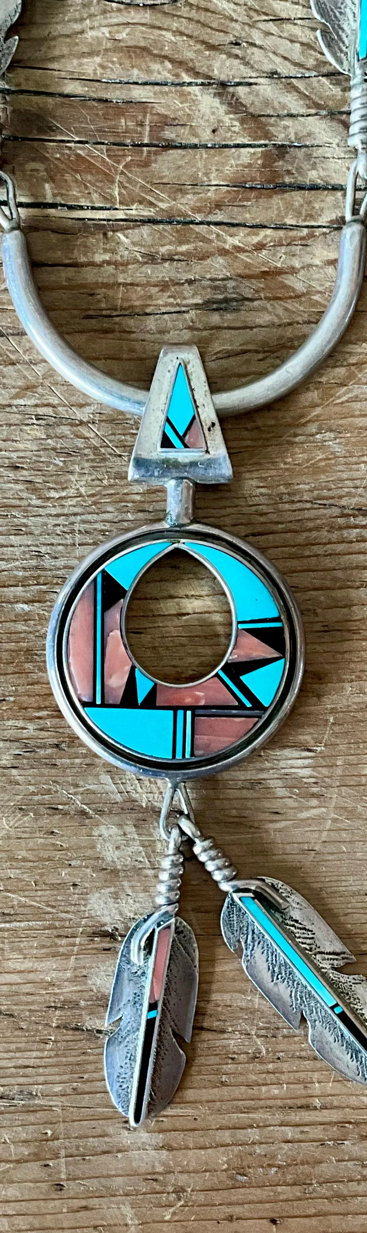 Vintage Turquoise Native American 925 Silver Pendant Necklace - Angle view