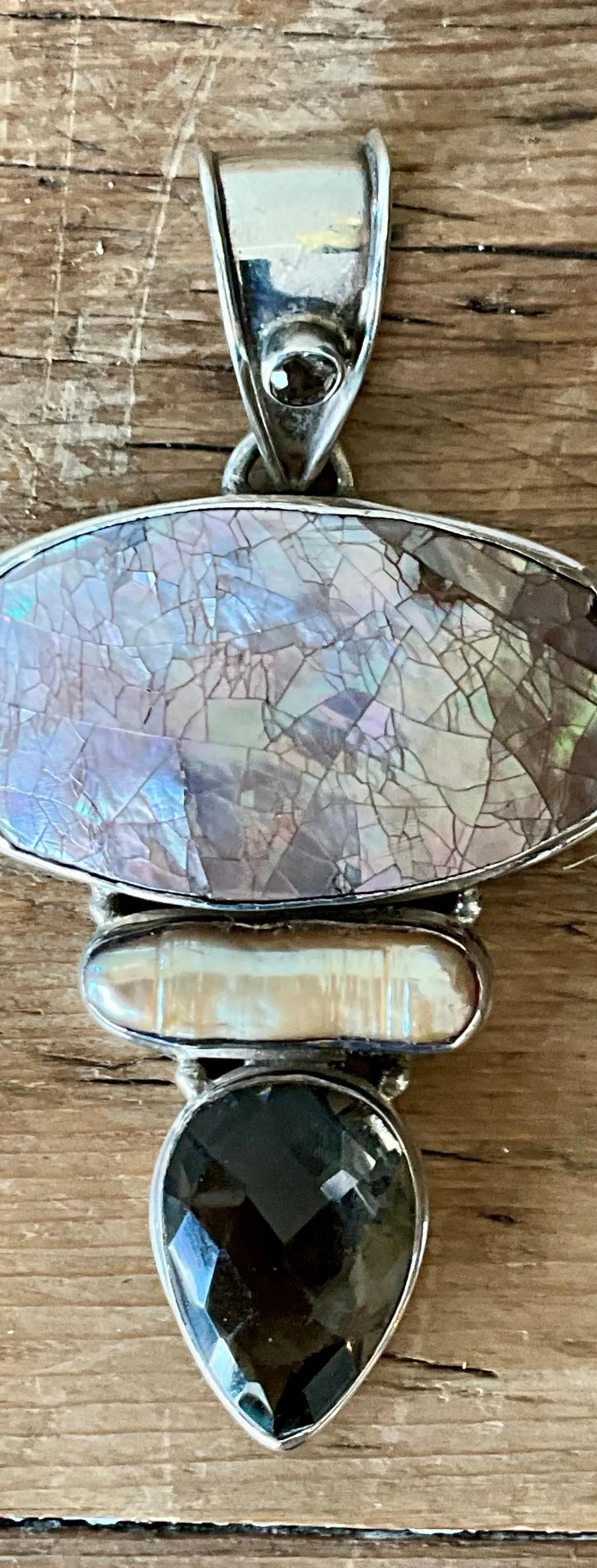 Vintage Boho Smokey Quartz & Mother of Pearl Pendant