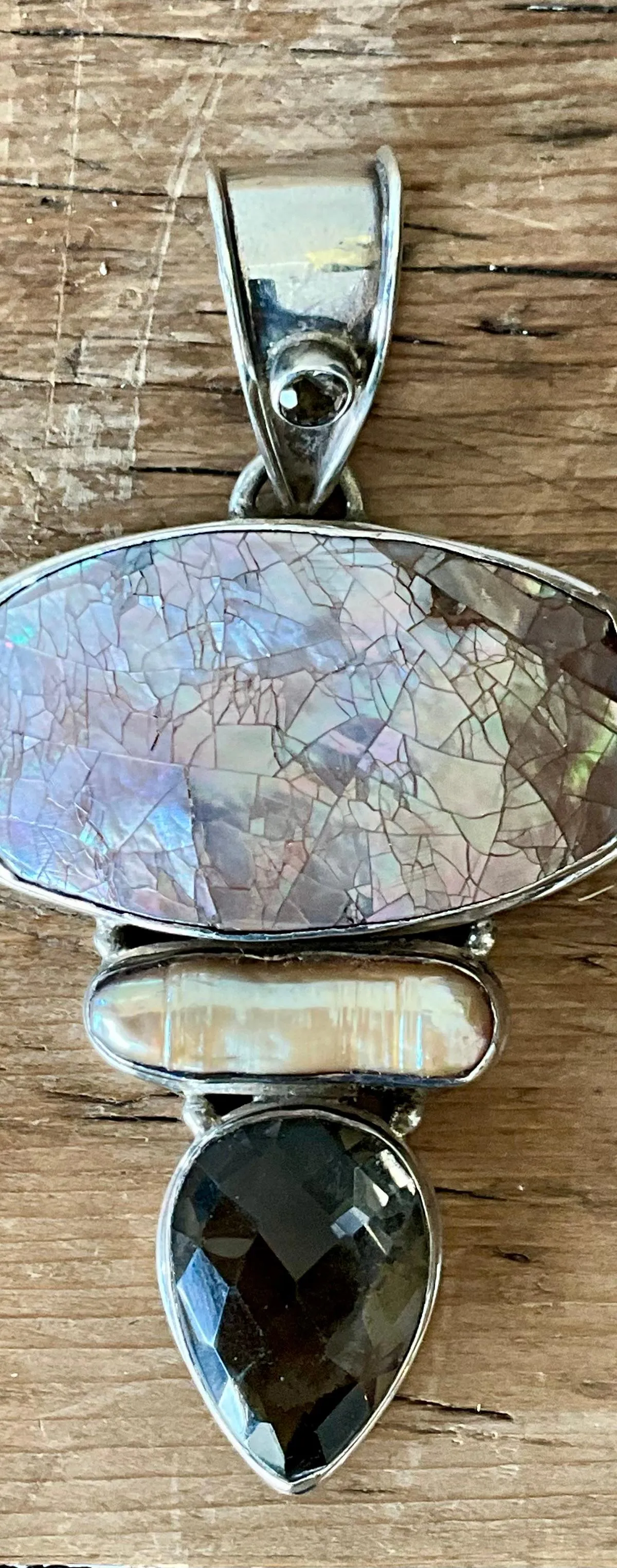 Vintage Boho Smokey Quartz & Mother of Pearl Pendant - Side view