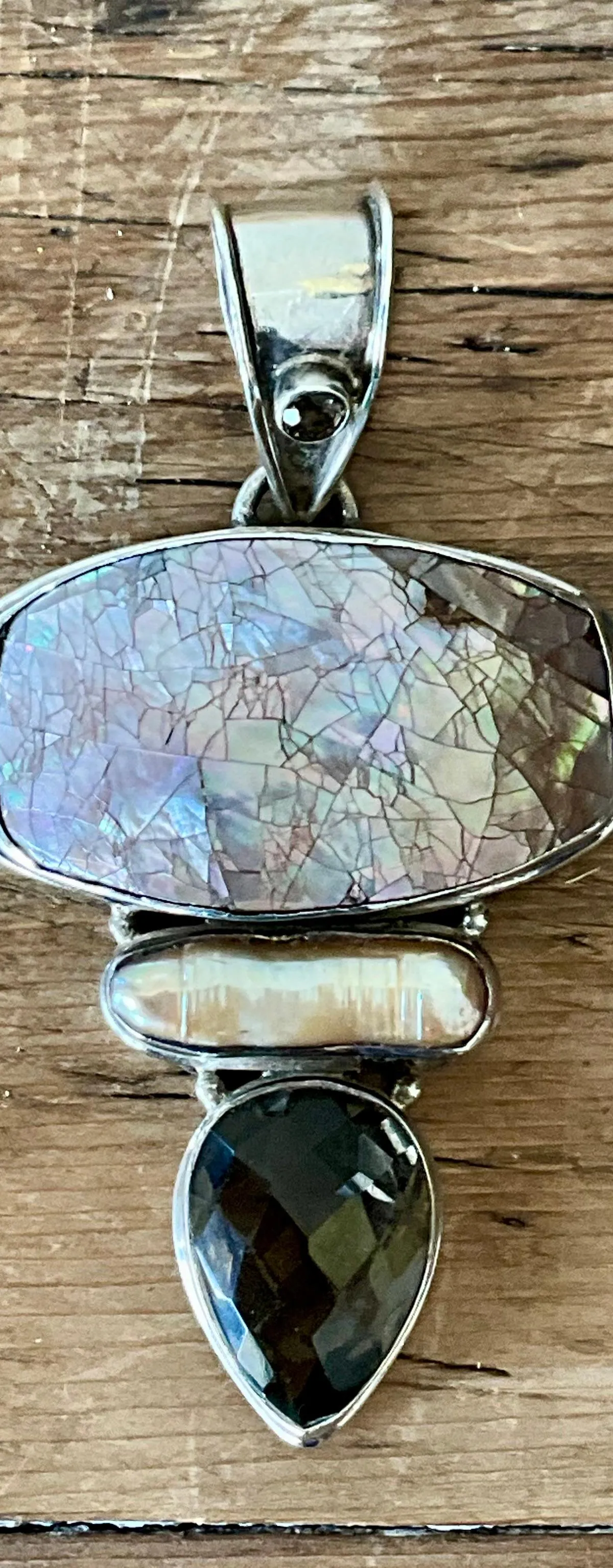 Vintage Boho Smokey Quartz & Mother of Pearl Pendant - Back view