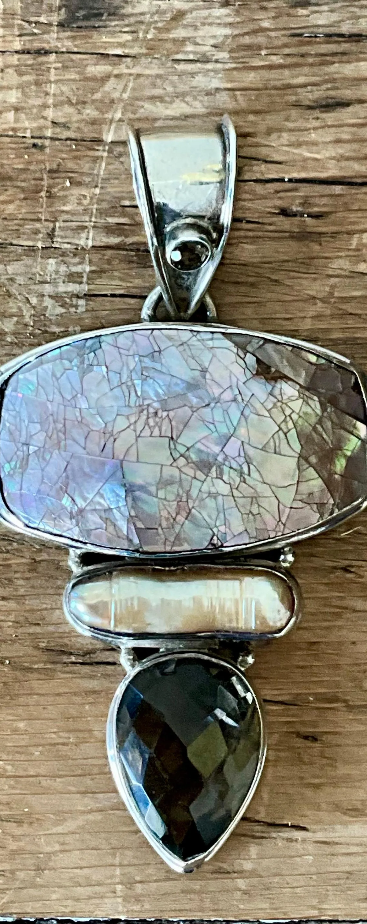 Vintage Boho Smokey Quartz & Mother of Pearl Pendant - Top view
