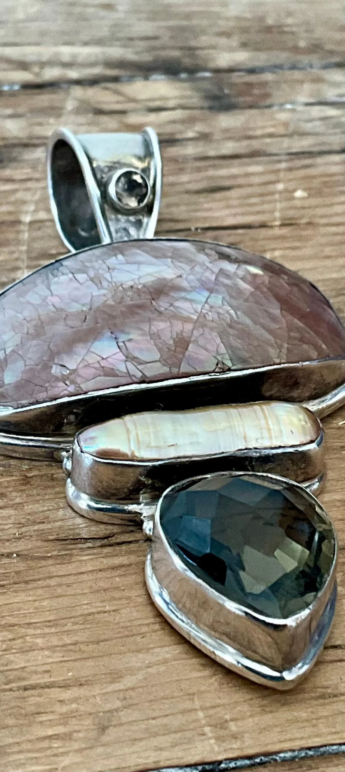 Vintage Boho Smokey Quartz & Mother of Pearl Pendant - Angle view