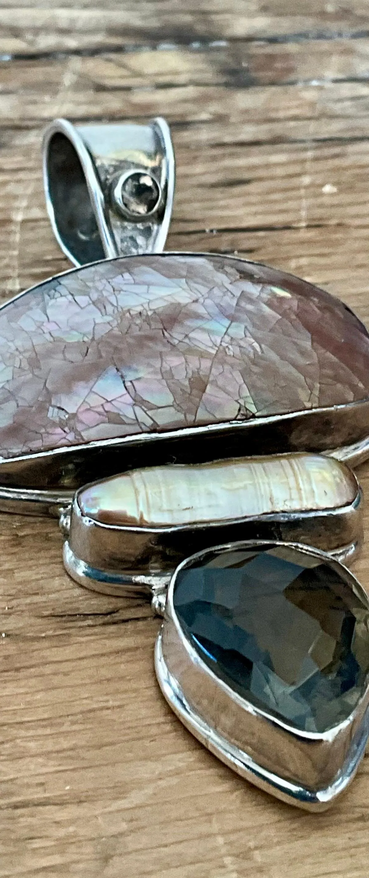 Vintage Boho Smokey Quartz & Mother of Pearl Pendant - Close-up view