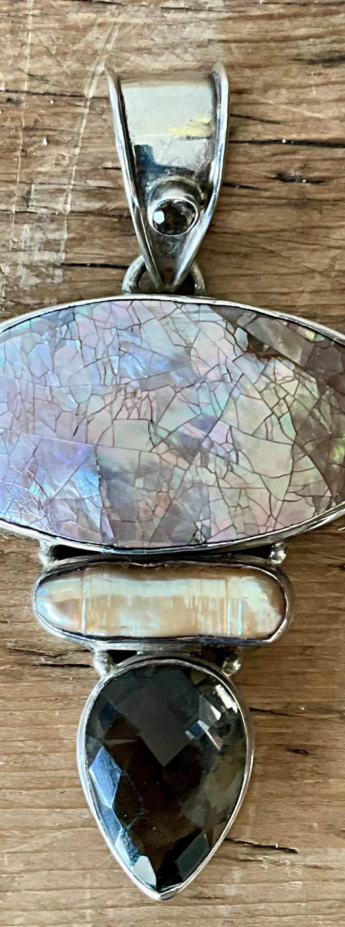 Vintage Boho Smokey Quartz & Mother of Pearl Pendant - Bottom view