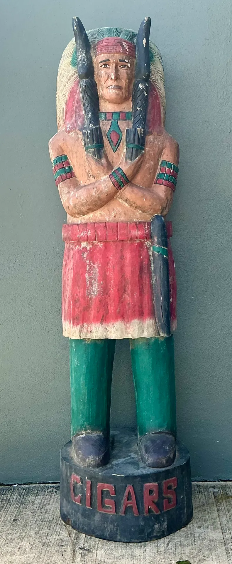 Vintage Monumental Carved Wood Native American Cigar Sculpture - Top view