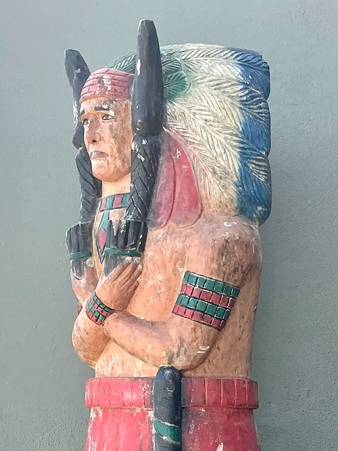 Vintage Monumental Carved Wood Native American Cigar Sculpture - Back view