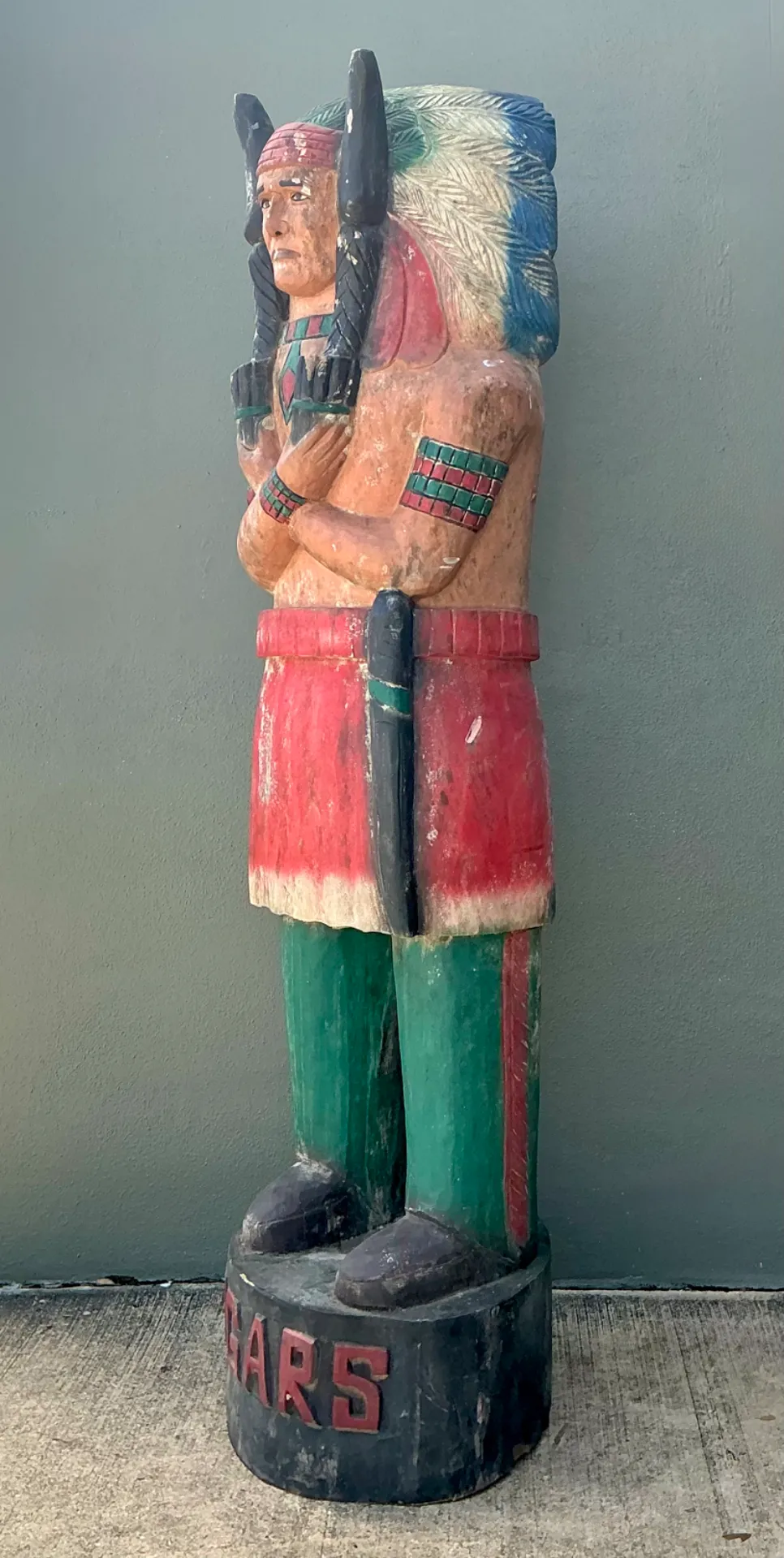 Vintage Monumental Carved Wood Native American Cigar Sculpture - Angle view