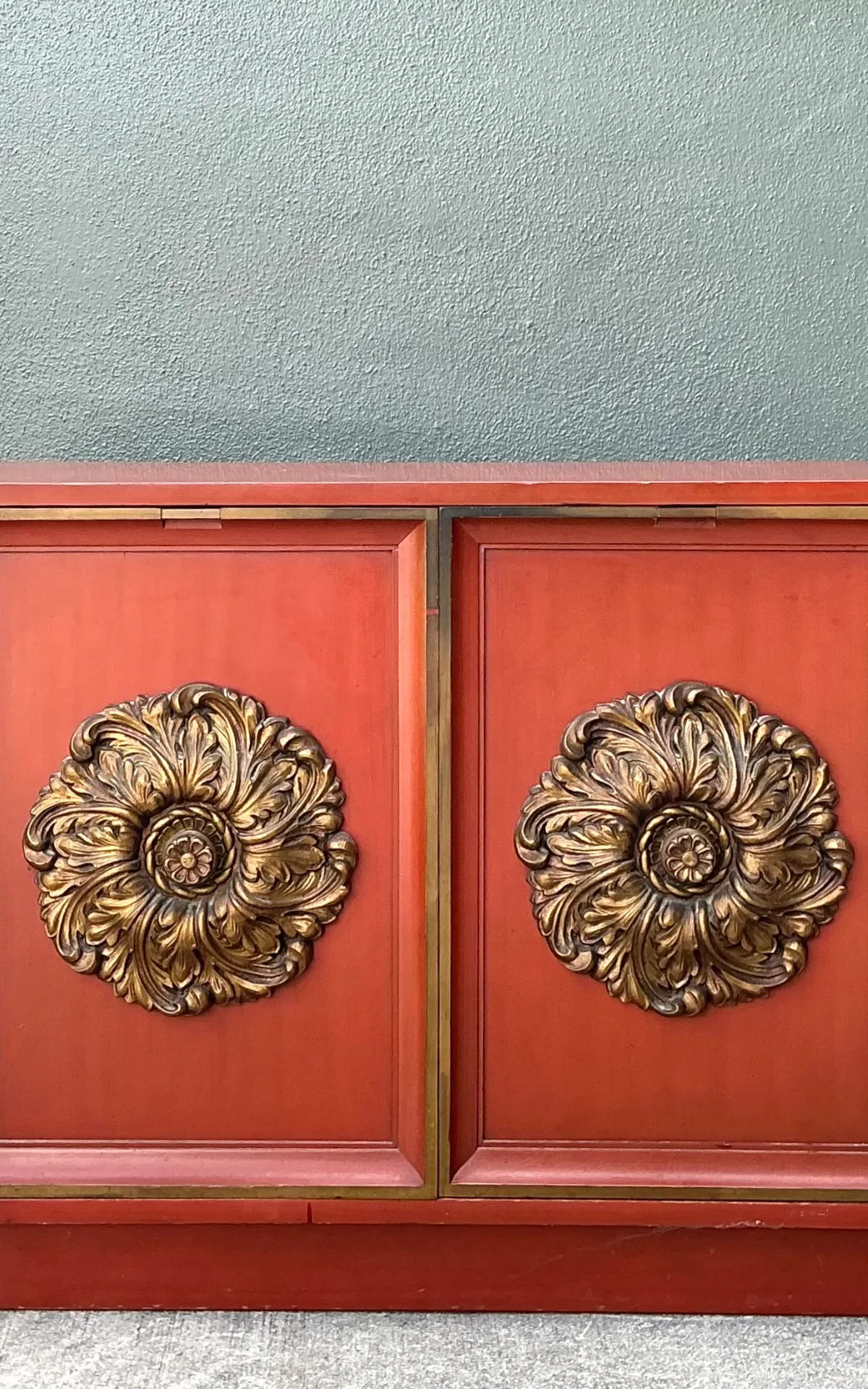 Vintage Lane Red Cabinet with Ornate Medallions - Bottom view