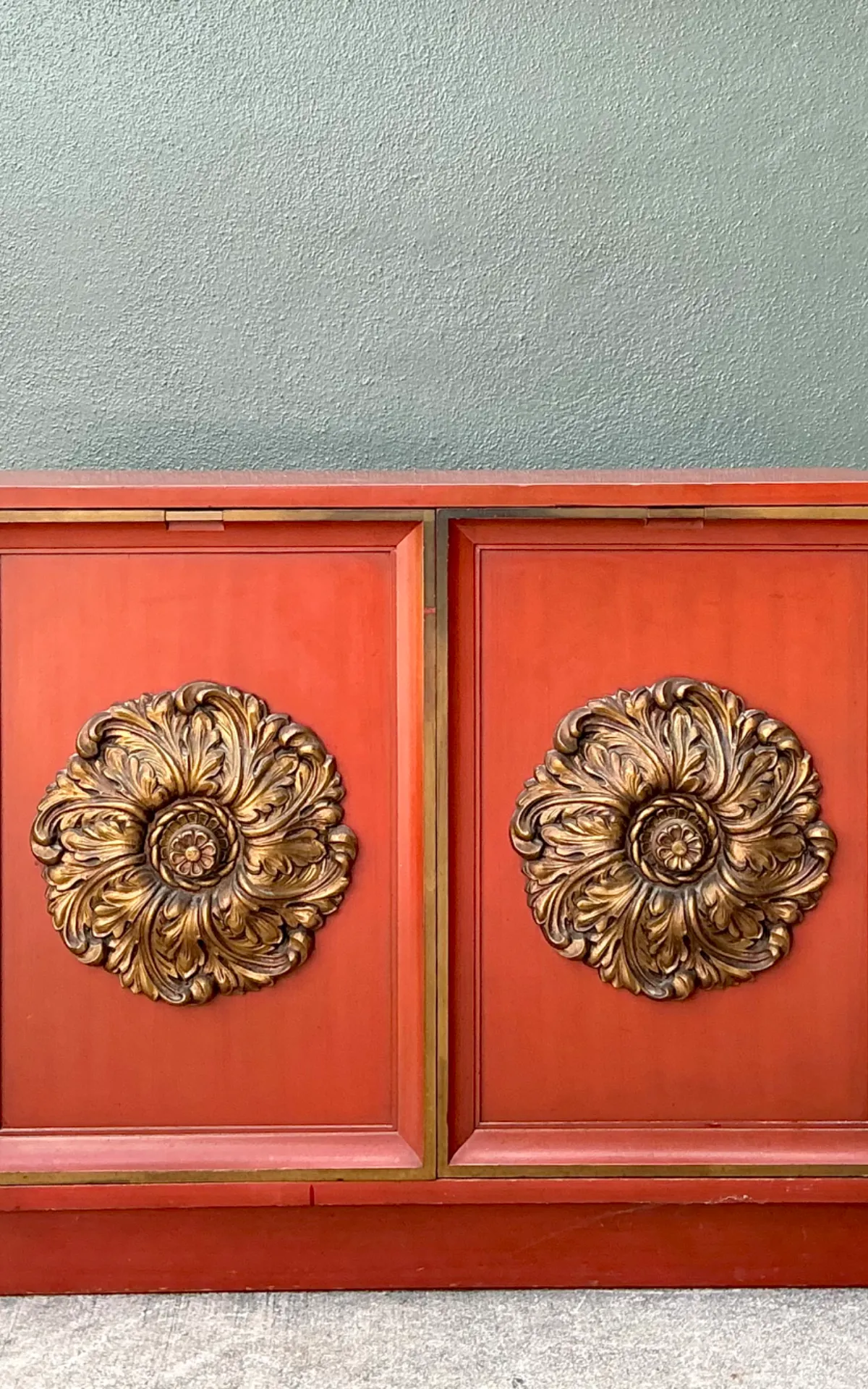 Vintage Lane Red Cabinet with Ornate Medallions - Side view