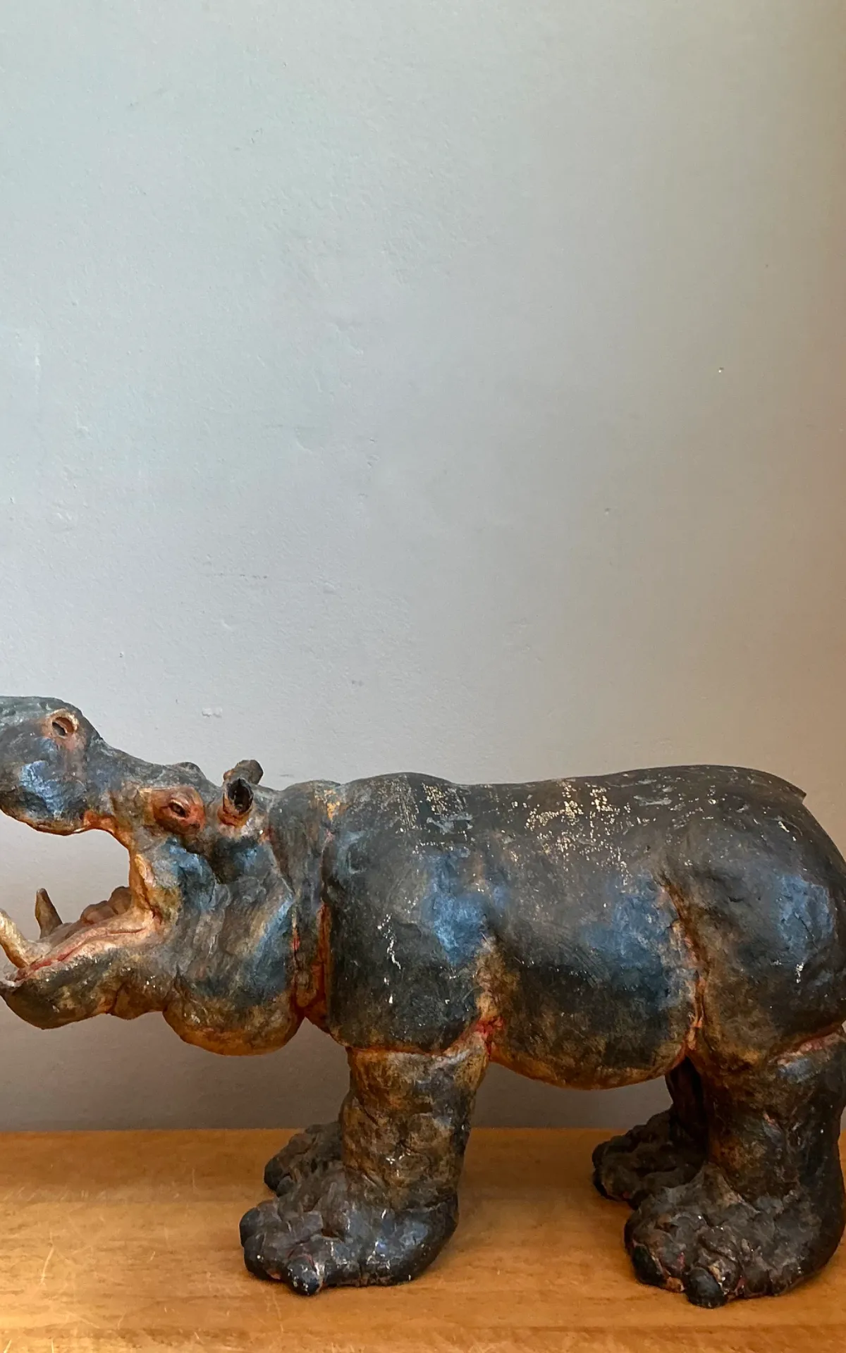 Vintage Boho Slab Built Ceramic Hippo - Side view