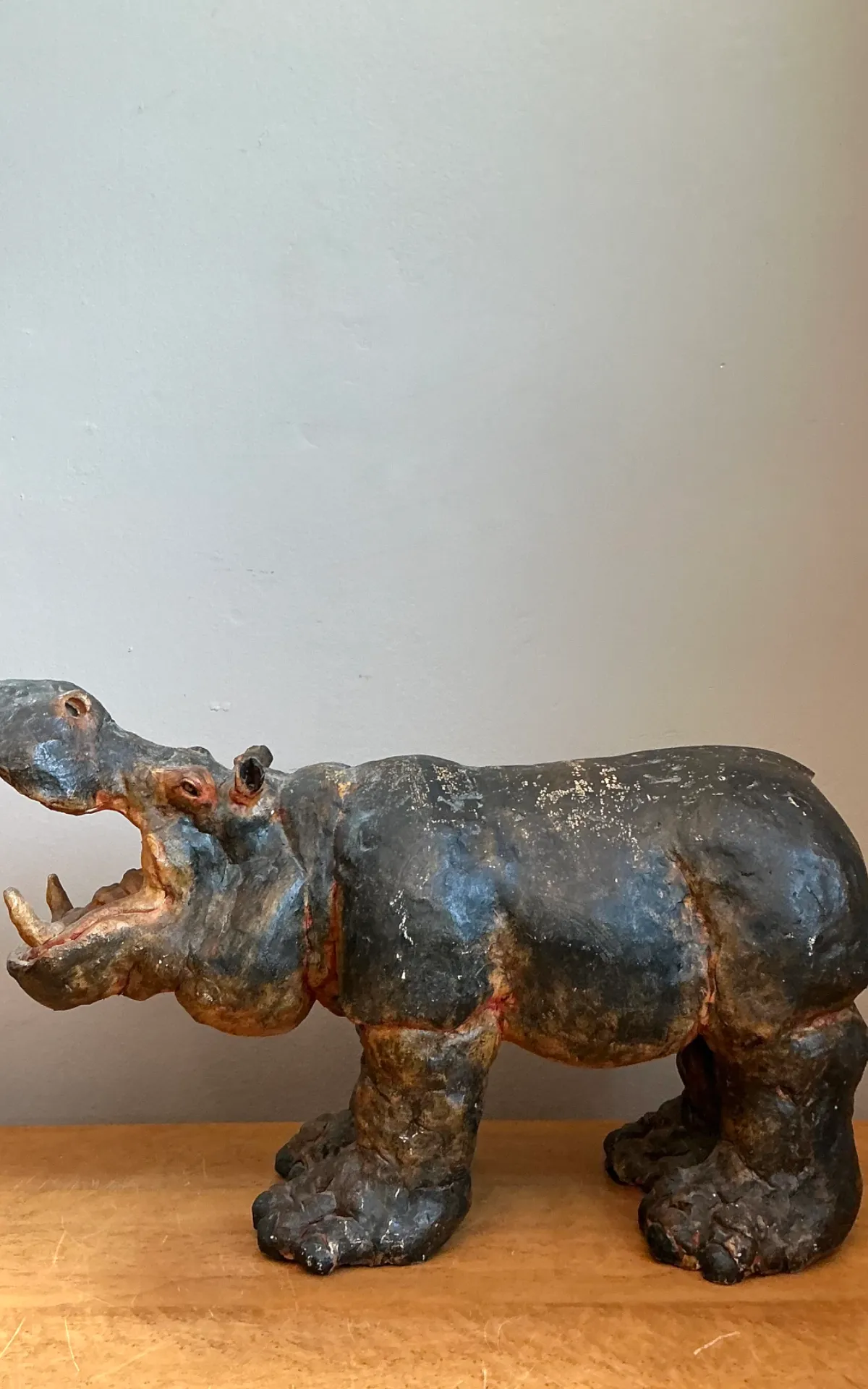 Vintage Boho Slab Built Ceramic Hippo - Angle view