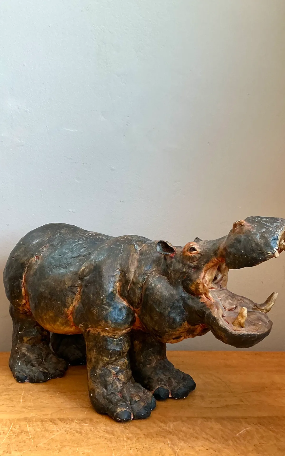 Vintage Boho Slab Built Ceramic Hippo - Interior view