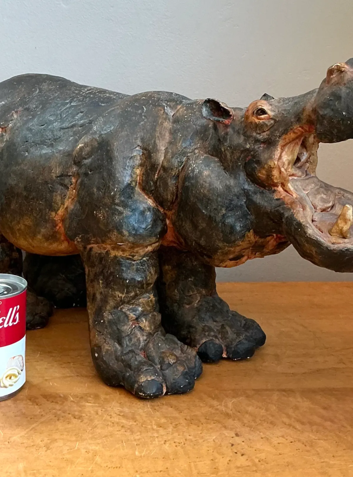Vintage Boho Slab Built Ceramic Hippo - Close-up view